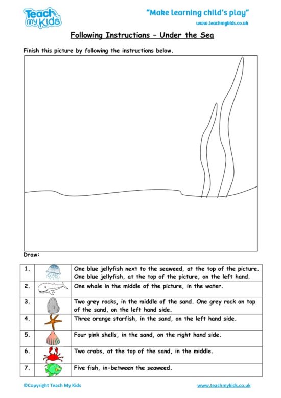 Worksheets for kids - following-instructions-under-the-sea